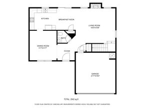 Sneads Ferry house for rent - A floor plan of a house with a living room, dining room, kitchen, breakfast nook, and garage.