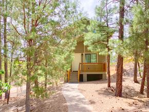 Show Low house for rent - A house is surrounded by trees in a wooded area.