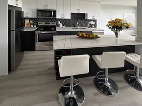 Oshawa apartment for rent - A modern kitchen with a black and white color scheme.