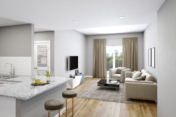 Conyers apartment for rent - A modern kitchen with a dining area and a living room.