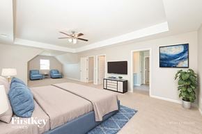 Winder house for rent - A bedroom with a bed, a couch, a chair, a television, a plant, and a painting on the wall.