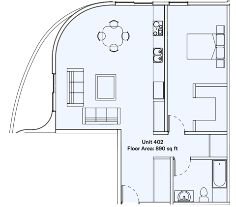 Floor plan for 1 bed, 1 bath, 736 sqft