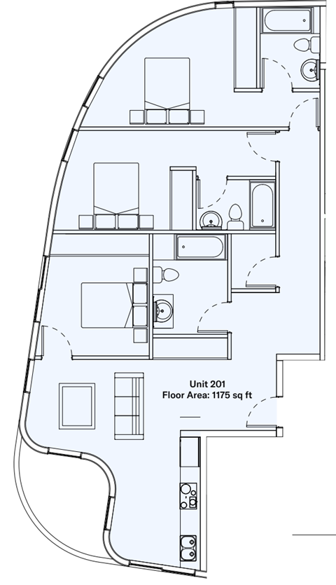 Floor plan for 3 beds, 3 baths, 1175 sqft