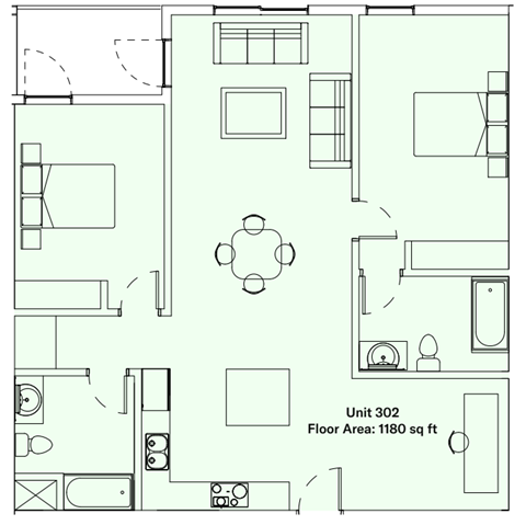 Floor plan for 2 beds, 2 baths, 1245 sqft