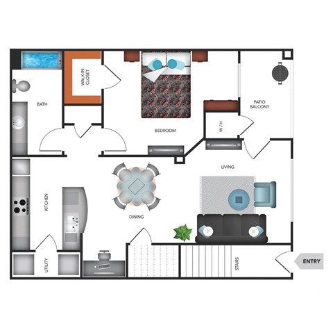 Floor plan for 1 bed, 1 bath, 768 sqft