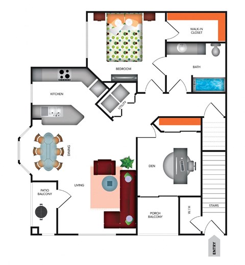 Floor plan for 1 bed, 1 bath, 985 sqft