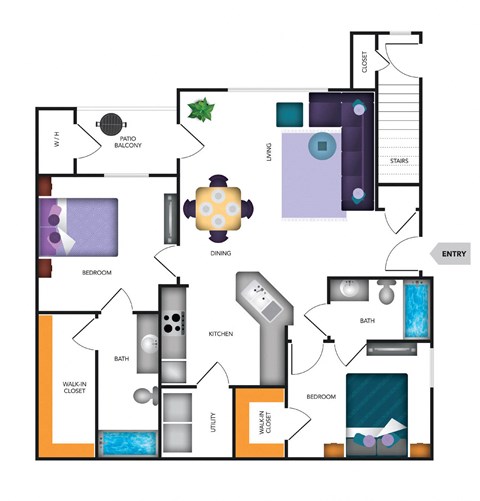 Floor plan for 2 beds, 2 baths, 1087 sqft