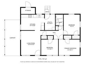 Jacksonville house for rent - A black and white floor plan of a house with a living room, kitchen, two bedrooms, a bathroom, a storage area, a patio, and a carport.