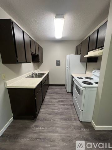 North Mankato apartment for rent - A kitchen with black cabinets and a white fridge.