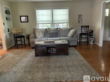 Cave Spring house for rent - A living room with a grey couch and a wooden coffee table.