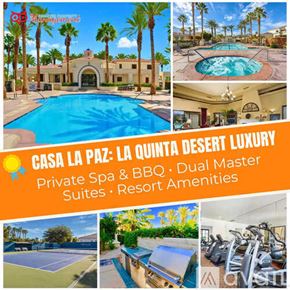 La Quinta house for rent - A collage of images showcasing the amenities of CASA LA PAZ, including a pool, spa, and tennis court.