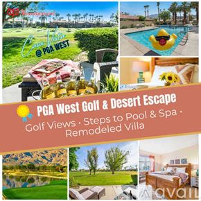 La Quinta house for rent - A collage of images showcasing a golf course, pool, and a remodeled villa.