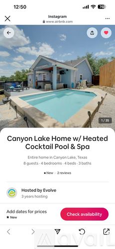 Canyon Lake house for rent - A pool in front of a house with a sign that says Canyon Lake Home with Heated Cocktail Pool & Spa.