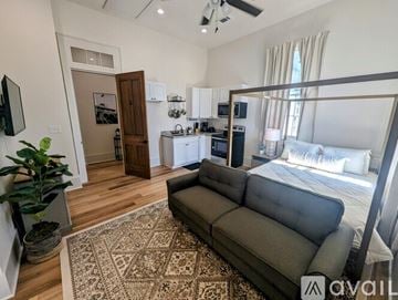 New Orleans apartment for rent - A living room with a grey sofa and a rug in the middle.