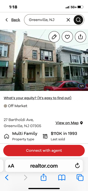 Jersey City apartment for rent - A mobile screen displays a property listing for a house in Greenville, NJ.