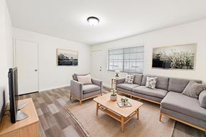 Riverside apartment for rent - A living room with a grey couch, a coffee table, and a television.