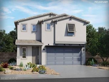 Tucson house for rent - A modern house with a grey garage door and a brown door.