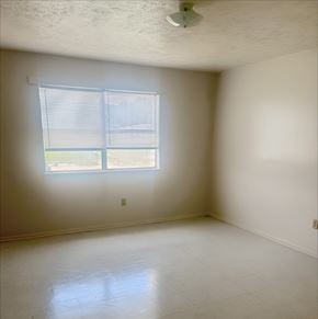 Bude apartment for rent - A room with a window and a ceiling fan.
