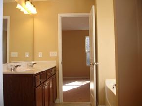 Durham house for rent - A bathroom with a sink, mirror, and light fixture.