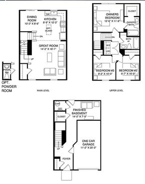 Charlotte house for rent - A set of four floor plans for a house with a powder room, great room, and two bedrooms.