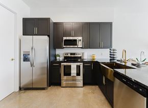 Dania Beach apartment for rent - A kitchen with black cabinets and stainless steel appliances.