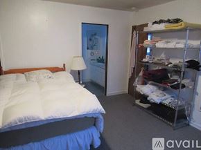 Fall River Mills apartment for rent - A bedroom with a bed, a lamp, and a closet.