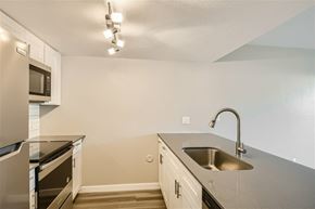 Mesa apartment for rent - A kitchen with a stainless steel sink and a refrigerator.