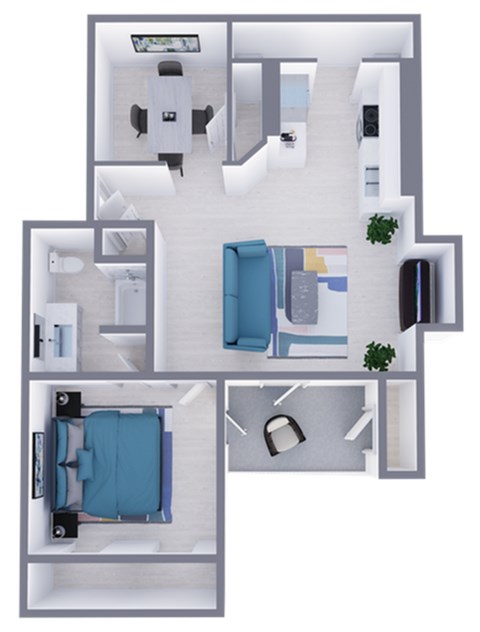 Floor plan for 1 bed, 1 bath, 757 sqft