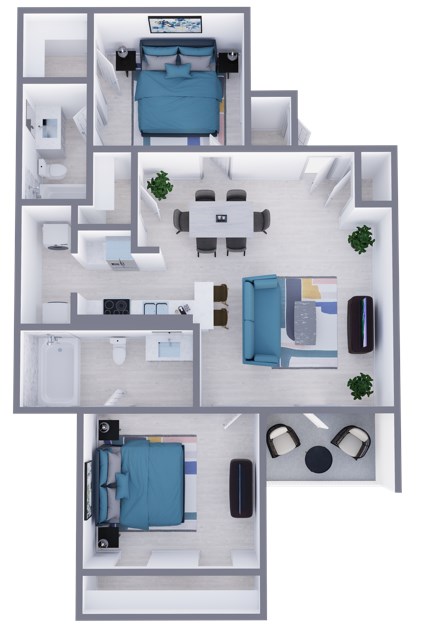 Floor plan for 2 beds, 2 baths, 925 sqft