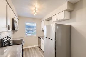 Mesa apartment for rent - A kitchen with a stainless steel refrigerator and oven.