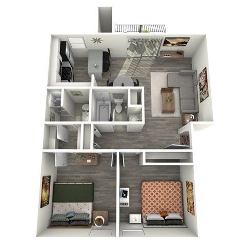 Floor plan for 2 beds, 2 baths, 980 sqft