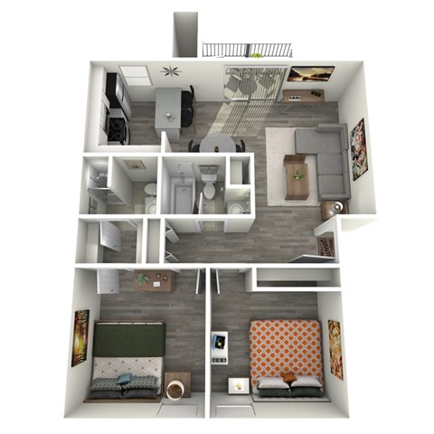 Floor plan for 2 beds, 2 baths, 980 sqft