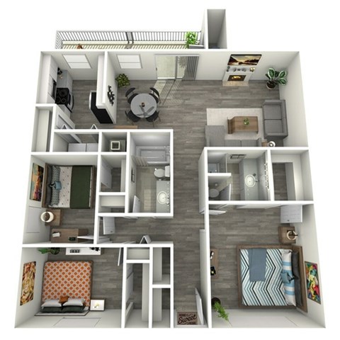 Floor plan for 3 beds, 2 baths, 1444 sqft