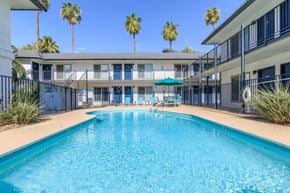 Phoenix apartment for rent - A swimming pool in front of a building with palm trees.