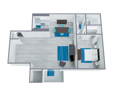 Floor plan for 1 bed, 1 bath, 744 sqft
