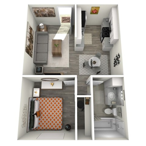 Floor plan for 1 bed, 1 bath, 600 sqft
