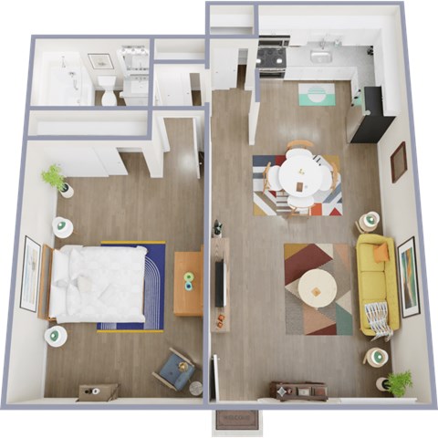 Floor plan for 1 bed, 1 bath, 680 sqft