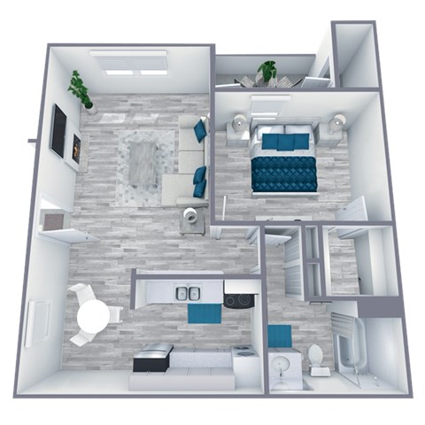 Floor plan for 1 bed, 1 bath, 664 sqft