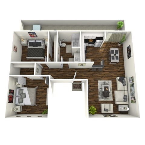 Floor plan for 2 beds, 1 bath, 950 sqft