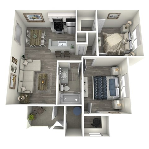 Floor plan for 2 beds, 1 bath, 764 sqft