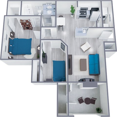 Floor plan for 2 beds, 1 bath, 879 sqft