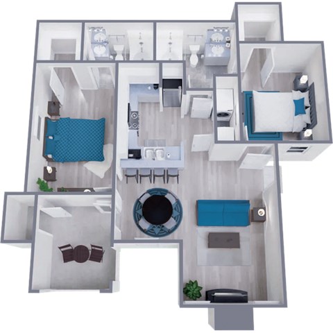 Floor plan for 2 beds, 2 baths, 965 sqft