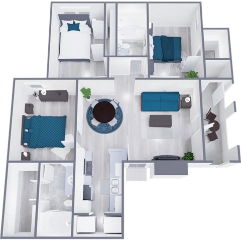 Floor plan for 3 beds, 2 baths, 1108 sqft