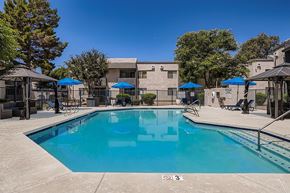 Phoenix apartment for rent - A swimming pool with a blue umbrella and a white building in the background.