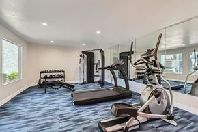 Phoenix apartment for rent - A spacious gym with a variety of equipment including a treadmill, weights, and a rowing machine.
