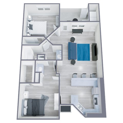 Floor plan for 2 beds, 1 bath, 915 sqft