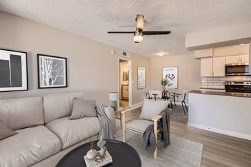 Phoenix apartment for rent - A living room with a grey couch and a black coffee table.