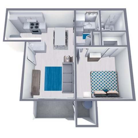 Floor plan for 1 bed, 1 bath, 569 sqft