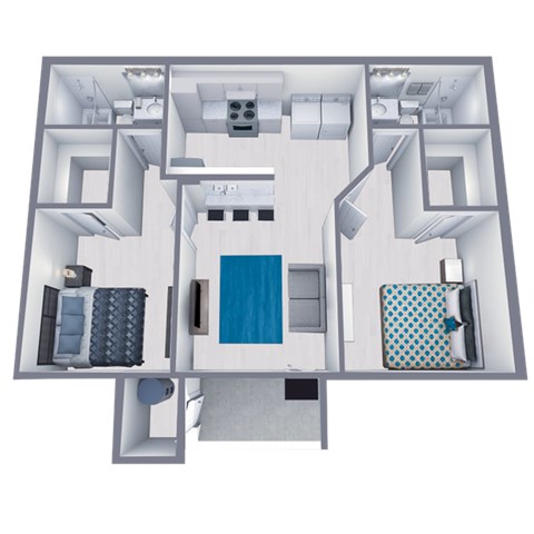 Floor plan for 2 beds, 2 baths, 858 sqft