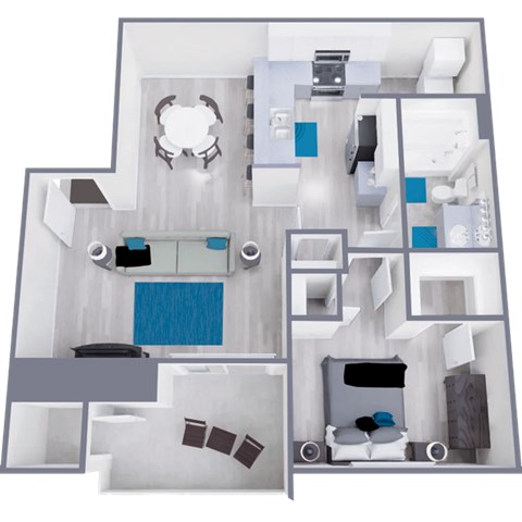 Floor plan for 1 bed, 1 bath, 730 sqft